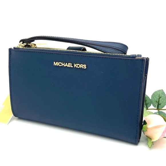 Michael Kors Large Double Zip Wallet Wristlet Navy Blue/Gold - Picture 3 of 7
